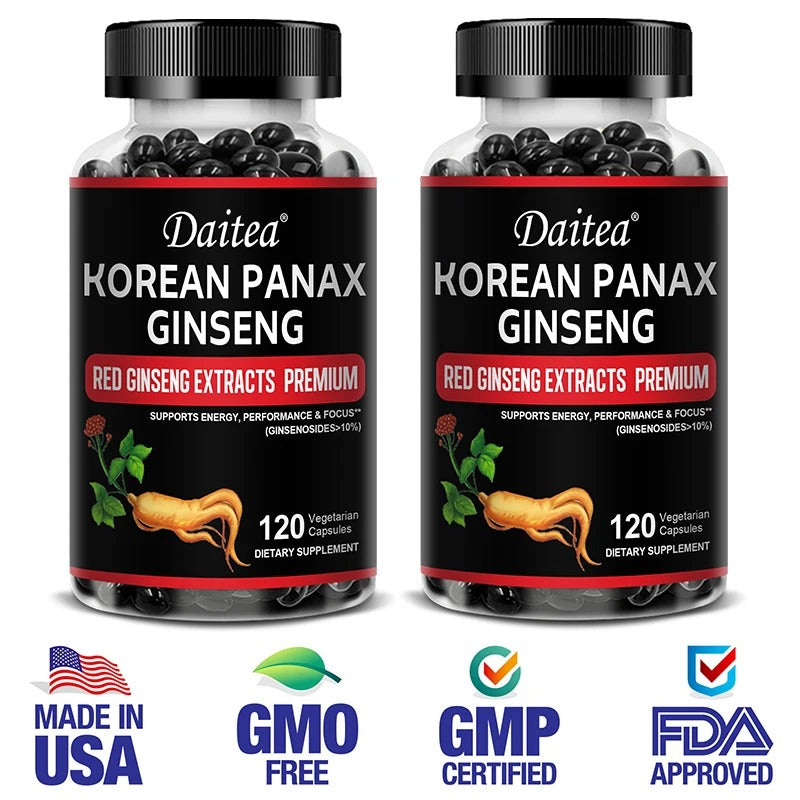 Daitea Organic Korean Red Ginseng Supplement - Energy, Muscle Mass, Endurance 30/60/120 Vegetarian Capsules