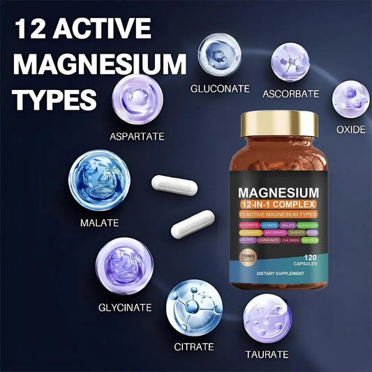 12-in-1 Magnesium Capsule For Bone, Muscle & Heart Health Supplement, Sleep Support,Muscle Relaxation,Stress & Anxiety Relief