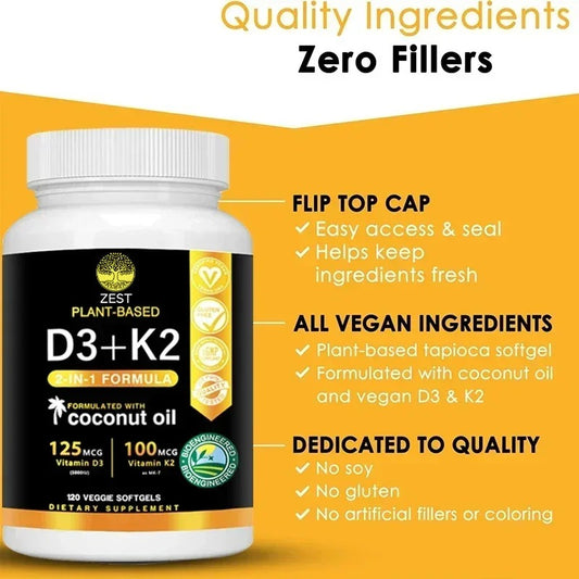 Vitamin D3+K2 Supplement 5000IU Vitamin D3 and K2 (MK-7) Capsules for Bone, Heart, Muscle, Immune SupportSupplements
