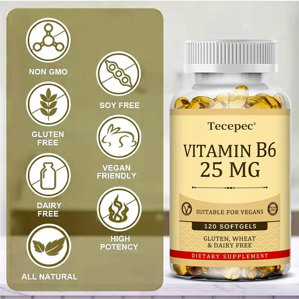 Vitamin B6 Supplement 25 Mg - Supports Energy Metabolism, Heart & Nervous System Health - Vegan Capsules, Gluten Free, NON-GMO