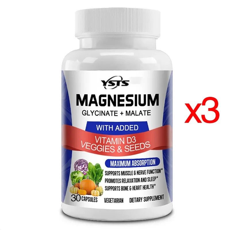 Magnesium Glycinate & Malate Complex, Vitamin D3, Absorption - For Bone Heart Sleep Nerve Muscle 120 Veggie Capsules