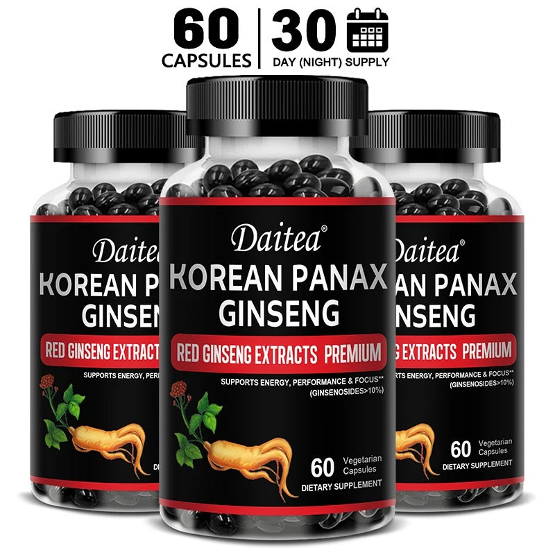 Daitea Organic Korean Red Ginseng Supplement - Energy, Muscle Mass, Endurance 30/60/120 Vegetarian Capsules