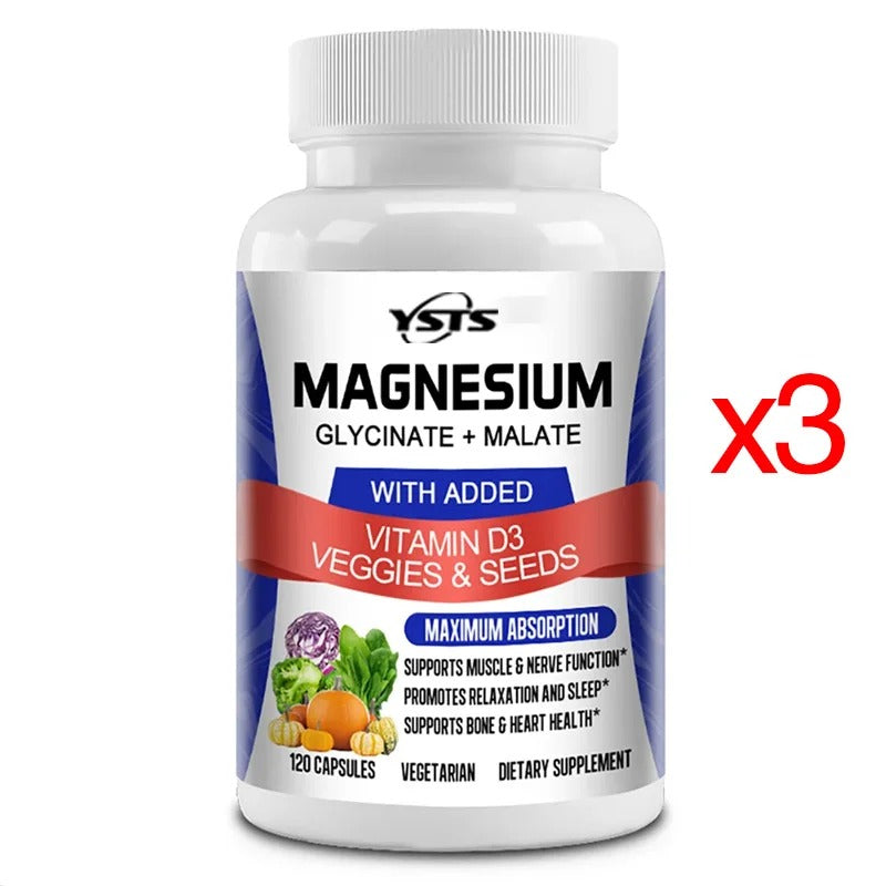 Magnesium Glycinate & Malate Complex, Vitamin D3, Absorption - For Bone Heart Sleep Nerve Muscle 120 Veggie Capsules