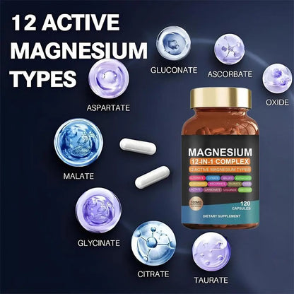 12-in-1 Magnesium Capsule For Bone, Muscle & Heart Health Supplement, Sleep Support,Muscle Relaxation,Stress & Anxiety Relief