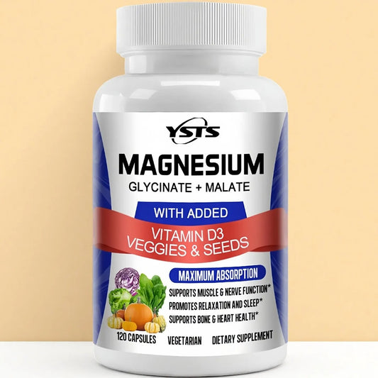 Magnesium Glycinate & Malate Complex, Vitamin D3, Absorption - For Bone Heart Sleep Nerve Muscle 120 Veggie Capsules