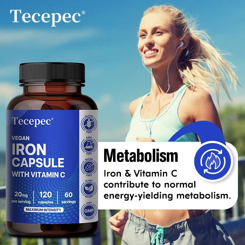Iron and Vitamin C Supplement Capsules - Helps Boost Energy, Improve Focus, Enhance Immune Function, Antioxidant