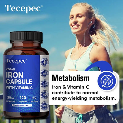 Iron and Vitamin C Supplement Capsules - Helps Boost Energy, Improve Focus, Enhance Immune Function, Antioxidant