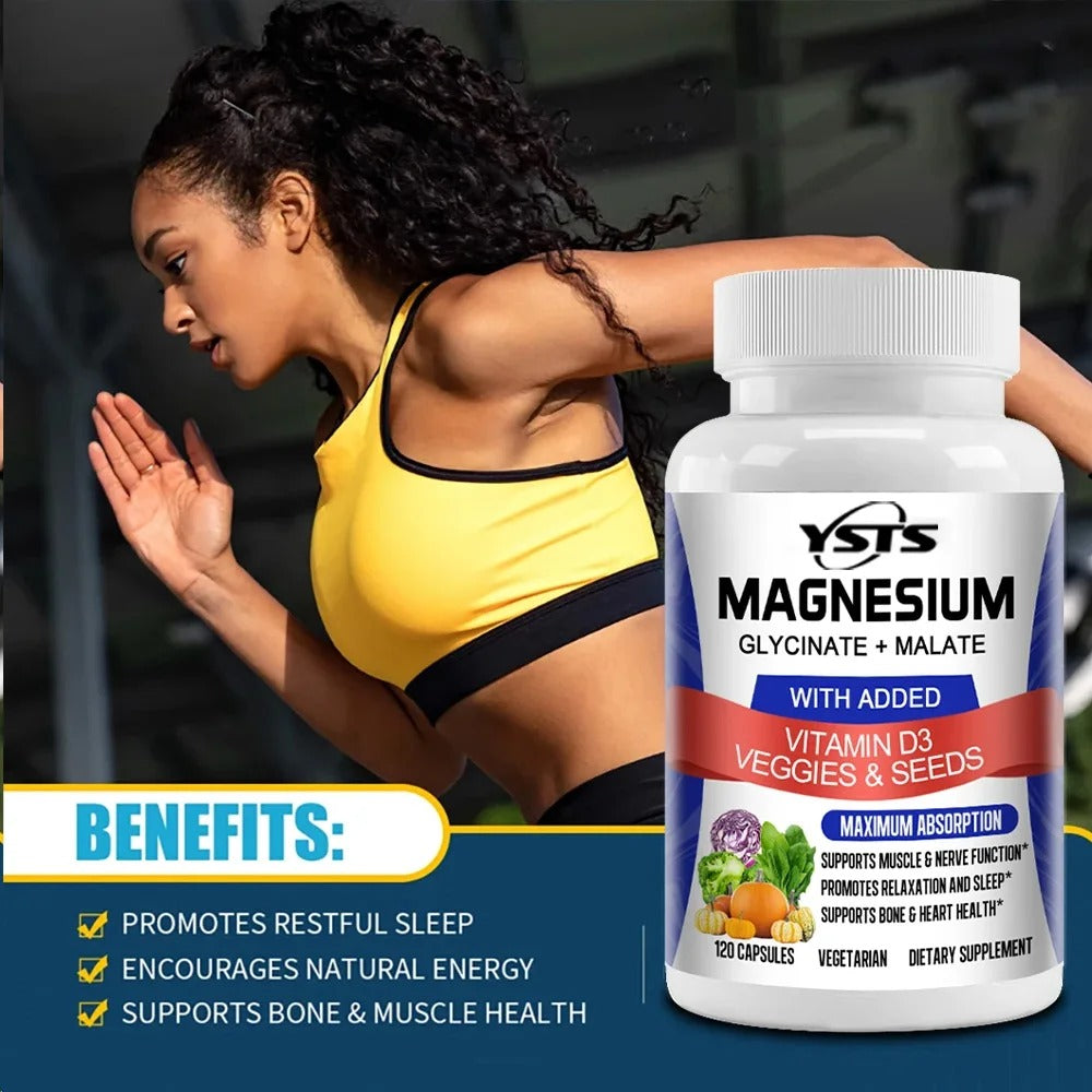 Magnesium Glycinate & Malate Complex, Vitamin D3, Absorption - For Bone Heart Sleep Nerve Muscle 120 Veggie Capsules