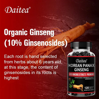 Daitea Organic Korean Red Ginseng Supplement - Energy, Muscle Mass, Endurance 30/60/120 Vegetarian Capsules