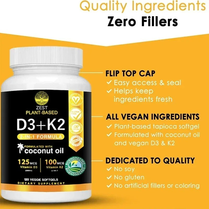 Vitamin D3+K2 Supplement 5000IU Vitamin D3 and K2 (MK-7) Capsules for Bone, Heart, Muscle, Immune SupportSupplements
