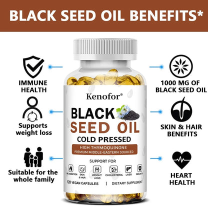 Black Seed Oil Supplement-Supports Skin,Digestion,Joints,Immune Health,Respiratory Health,Promotes Hair Growth,120 Capsules