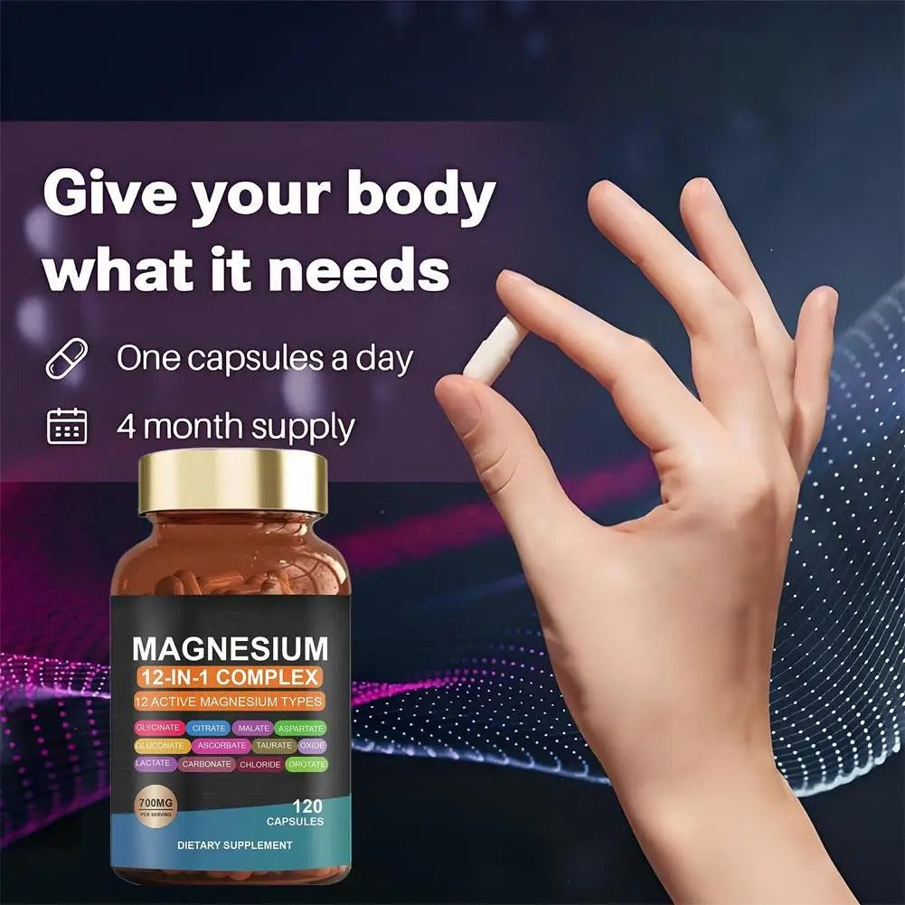 12-in-1 Magnesium Capsule For Bone, Muscle & Heart Health Supplement, Sleep Support,Muscle Relaxation,Stress & Anxiety Relief