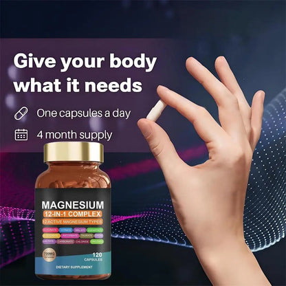 12-in-1 Magnesium Capsule For Bone, Muscle & Heart Health Supplement, Sleep Support,Muscle Relaxation,Stress & Anxiety Relief