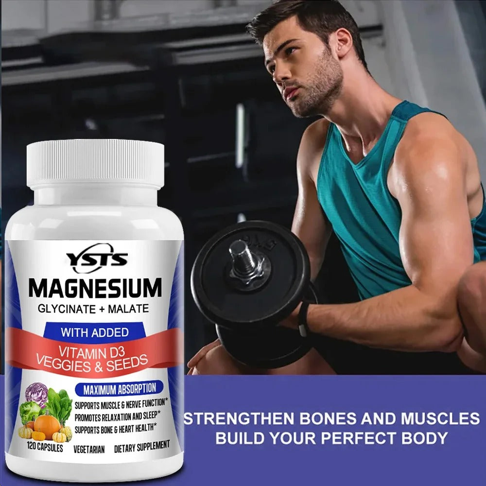 Magnesium Glycinate & Malate Complex, Vitamin D3, Absorption - For Bone Heart Sleep Nerve Muscle 120 Veggie Capsules