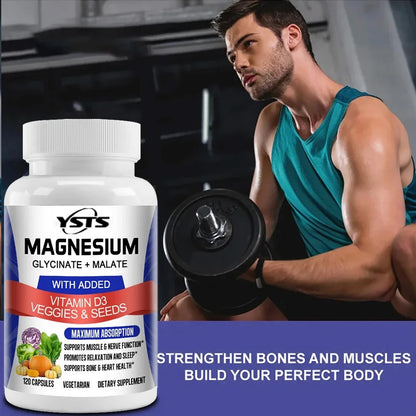 Magnesium Glycinate & Malate Complex, Vitamin D3, Absorption - For Bone Heart Sleep Nerve Muscle 120 Veggie Capsules