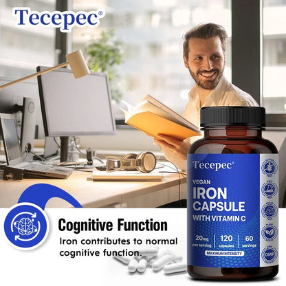 Iron and Vitamin C Supplement Capsules - Helps Boost Energy, Improve Focus, Enhance Immune Function, Antioxidant