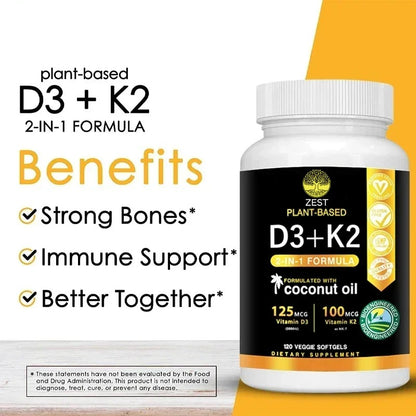 Vitamin D3+K2 Supplement 5000IU Vitamin D3 and K2 (MK-7) Capsules for Bone, Heart, Muscle, Immune SupportSupplements
