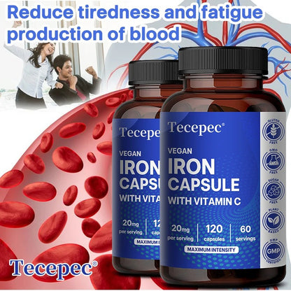 Iron and Vitamin C Supplement Capsules - Helps Boost Energy, Improve Focus, Enhance Immune Function, Antioxidant