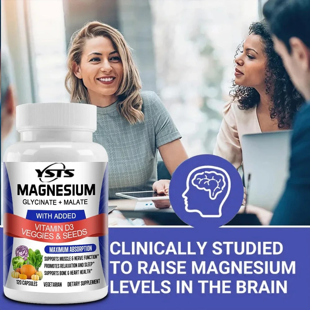 Magnesium Glycinate & Malate Complex, Vitamin D3, Absorption - For Bone Heart Sleep Nerve Muscle 120 Veggie Capsules