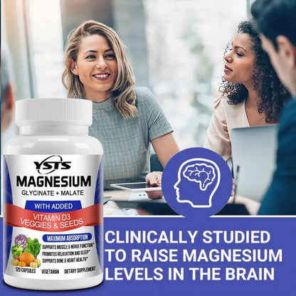 Magnesium Glycinate & Malate Complex, Vitamin D3, Absorption - For Bone Heart Sleep Nerve Muscle 120 Veggie Capsules