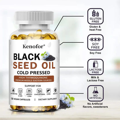 Black Seed Oil Supplement-Supports Skin,Digestion,Joints,Immune Health,Respiratory Health,Promotes Hair Growth,120 Capsules