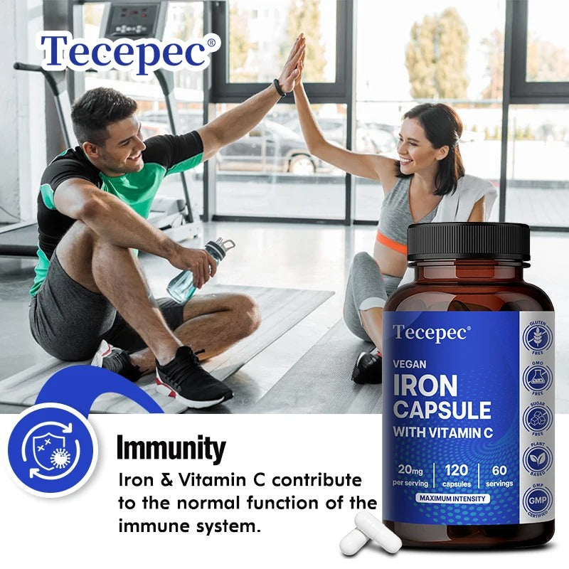 Iron and Vitamin C Supplement Capsules - Helps Boost Energy, Improve Focus, Enhance Immune Function, Antioxidant