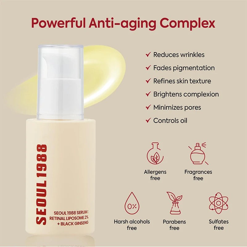 Korean 1988 Retinol Face Care Serum,Black Ginseng Niacinamide Vitamin C Moisturizing Firming Ampoule,Anti Aging Wrinkle Skincare