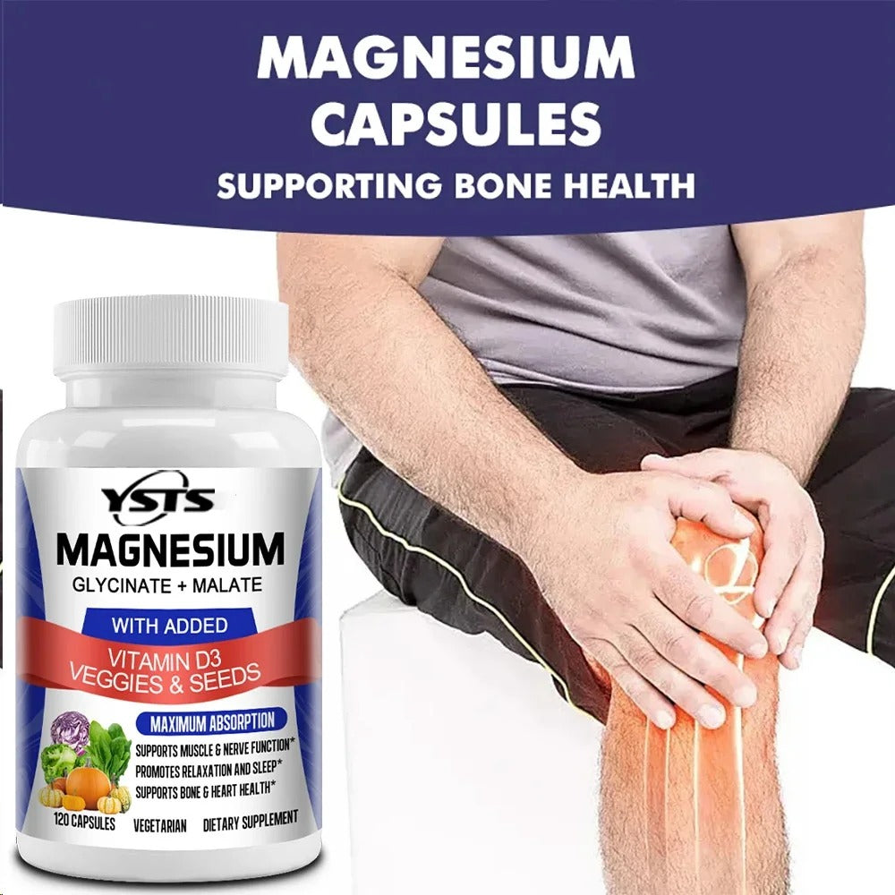 Magnesium Glycinate & Malate Complex, Vitamin D3, Absorption - For Bone Heart Sleep Nerve Muscle 120 Veggie Capsules