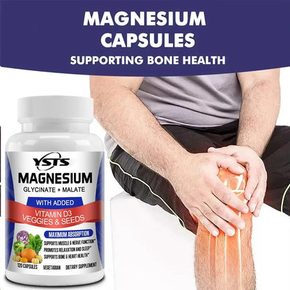 Magnesium Glycinate & Malate Complex, Vitamin D3, Absorption - For Bone Heart Sleep Nerve Muscle 120 Veggie Capsules