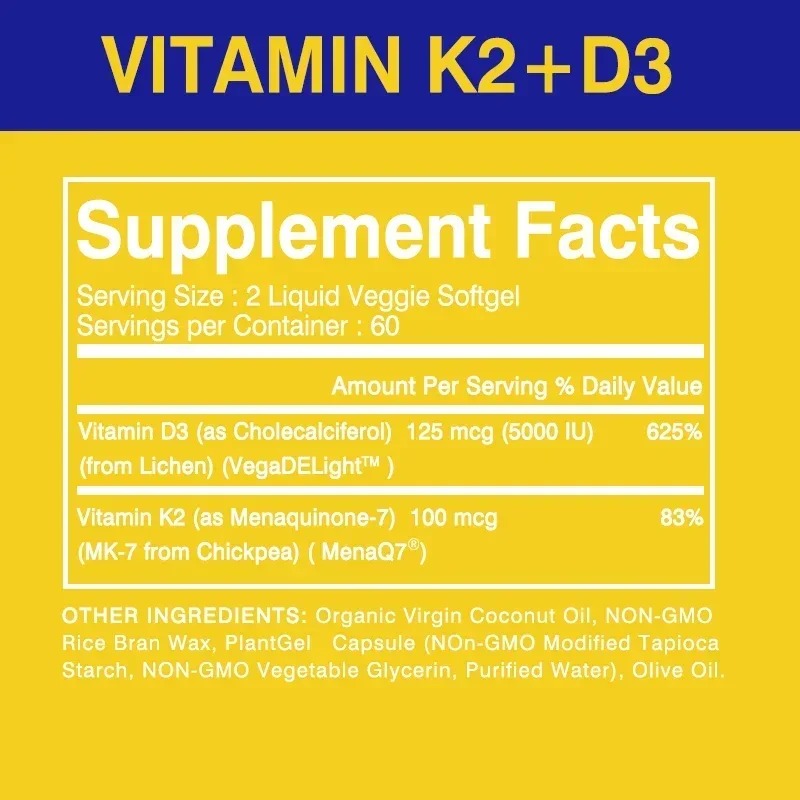 Vitamin D3+K2 Supplement 5000IU Vitamin D3 and K2 (MK-7) Capsules for Bone, Heart, Muscle, Immune SupportSupplements
