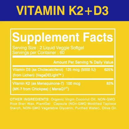 Vitamin D3+K2 Supplement 5000IU Vitamin D3 and K2 (MK-7) Capsules for Bone, Heart, Muscle, Immune SupportSupplements