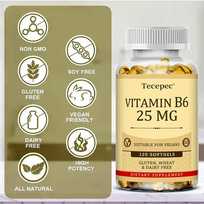 Vitamin B6 Supplement 25 Mg - Supports Energy Metabolism, Heart & Nervous System Health - Vegan Capsules, Gluten Free, NON-GMO