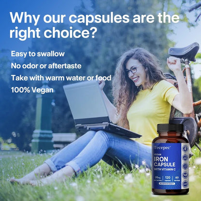 Iron and Vitamin C Supplement Capsules - Helps Boost Energy, Improve Focus, Enhance Immune Function, Antioxidant