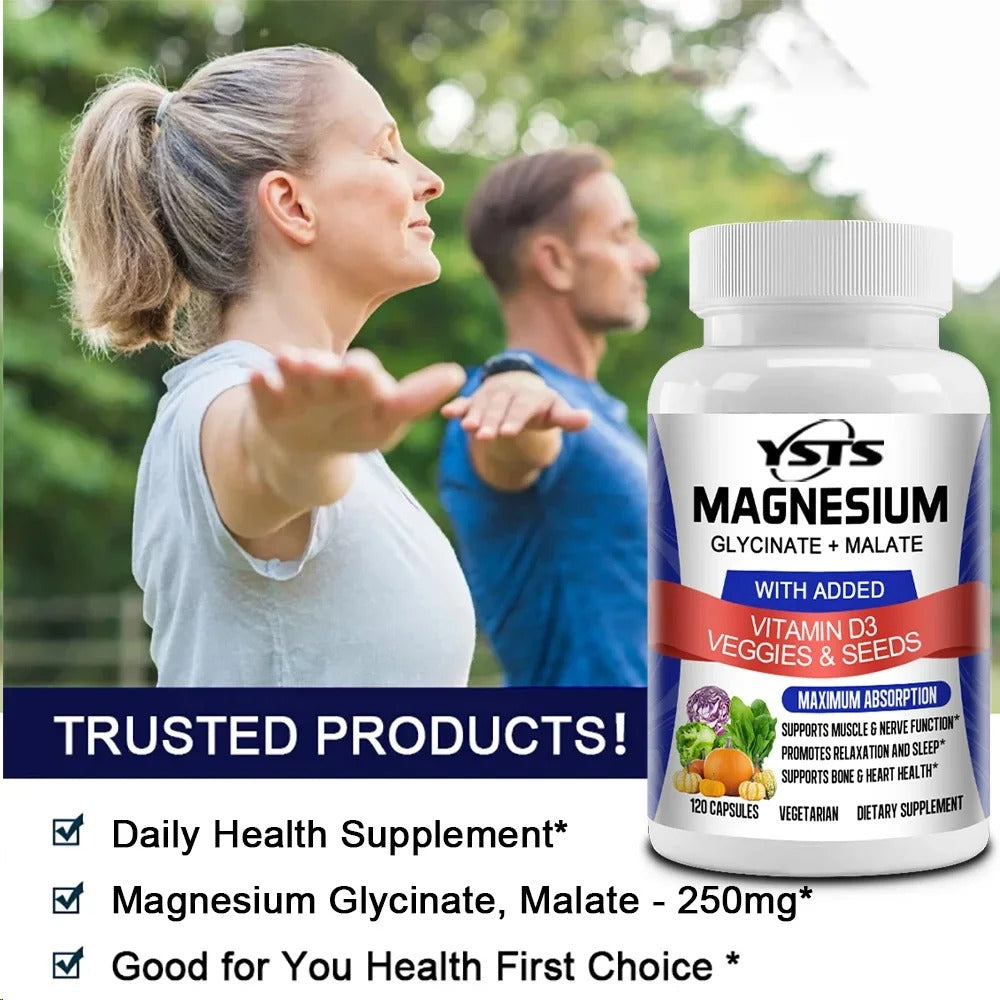 Magnesium Glycinate & Malate Complex, Vitamin D3, Absorption - For Bone Heart Sleep Nerve Muscle 120 Veggie Capsules