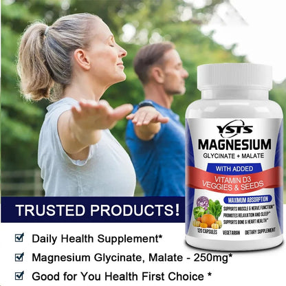 Magnesium Glycinate & Malate Complex, Vitamin D3, Absorption - For Bone Heart Sleep Nerve Muscle 120 Veggie Capsules
