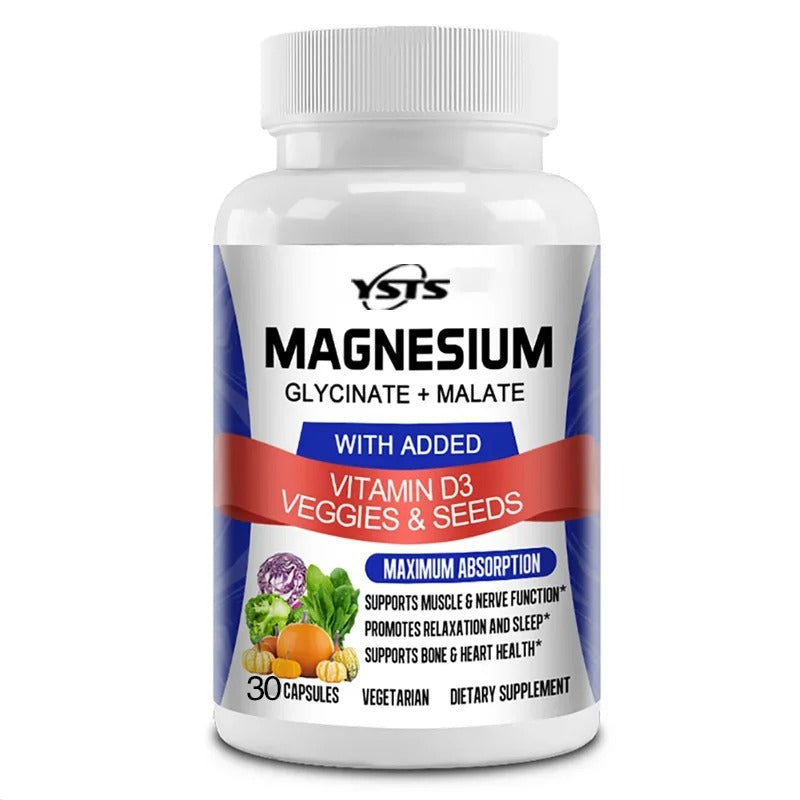 Magnesium Glycinate & Malate Complex, Vitamin D3, Absorption - For Bone Heart Sleep Nerve Muscle 120 Veggie Capsules