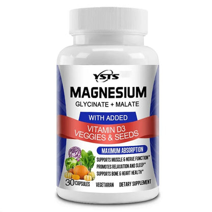 Magnesium Glycinate & Malate Complex, Vitamin D3, Absorption - For Bone Heart Sleep Nerve Muscle 120 Veggie Capsules