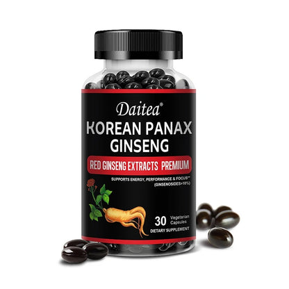 Daitea Organic Korean Red Ginseng Supplement - Energy, Muscle Mass, Endurance 30/60/120 Vegetarian Capsules