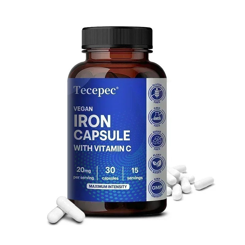 Iron and Vitamin C Supplement Capsules - Helps Boost Energy, Improve Focus, Enhance Immune Function, Antioxidant