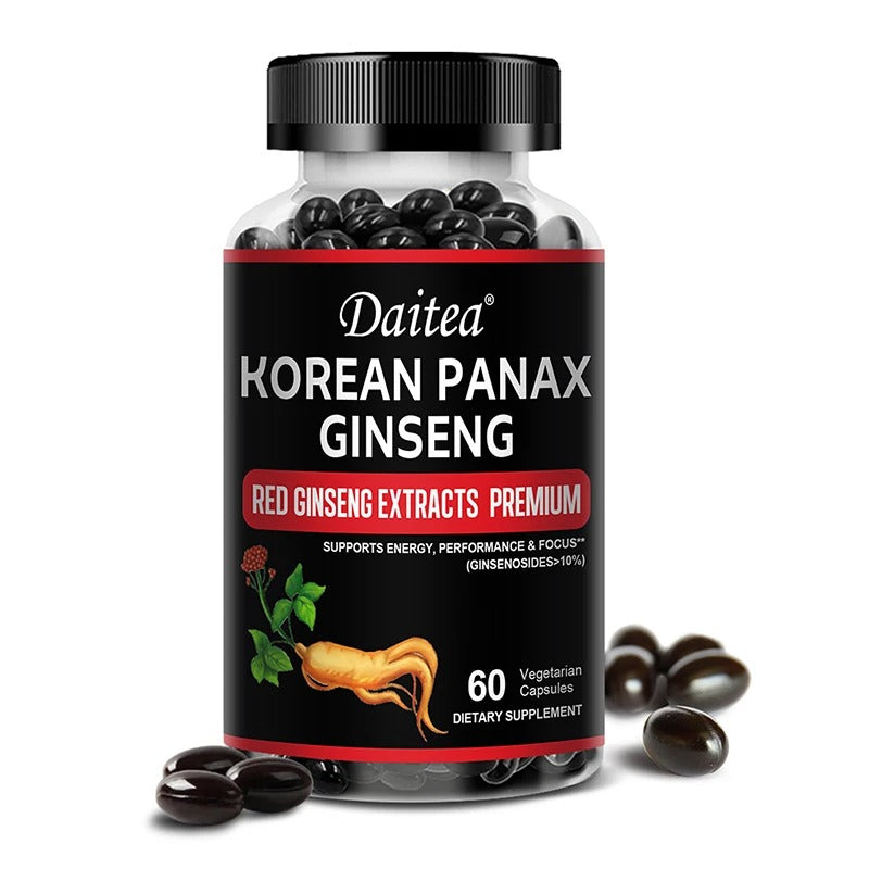 Daitea Organic Korean Red Ginseng Supplement - Energy, Muscle Mass, Endurance 30/60/120 Vegetarian Capsules