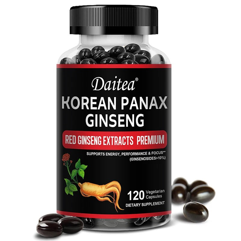 Daitea Organic Korean Red Ginseng Supplement - Energy, Muscle Mass, Endurance 30/60/120 Vegetarian Capsules