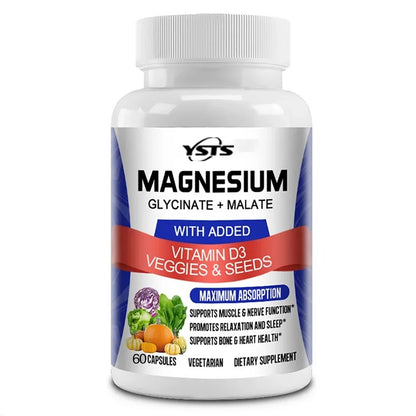 Magnesium Glycinate & Malate Complex, Vitamin D3, Absorption - For Bone Heart Sleep Nerve Muscle 120 Veggie Capsules