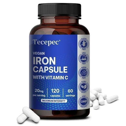 Iron and Vitamin C Supplement Capsules - Helps Boost Energy, Improve Focus, Enhance Immune Function, Antioxidant